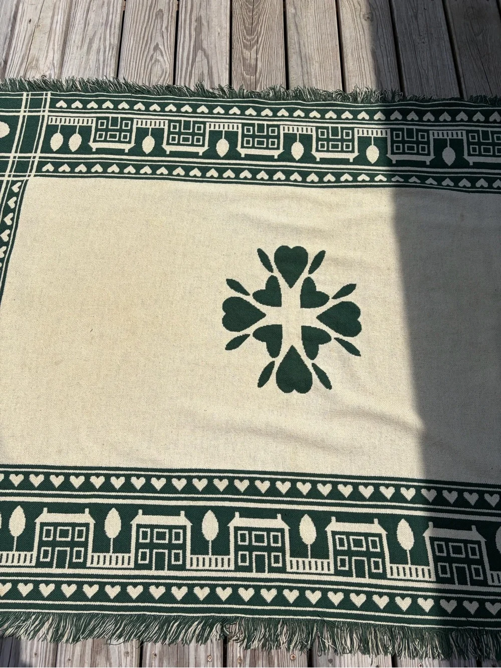 Vintage Green Cream Woven Throw Blanket Cottage Houses Hearts Fringe Farmhouse